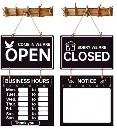 Señal de horario de apertura a doble cara: tienda abierta y cerrada con carteles decorativos de bienvenida | Pizarra borrable personalizable, señalización editable para gimnasio, restaurante,