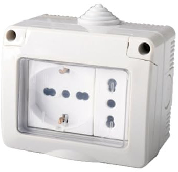 Cassetta Elettrica IP55 Con Sportellino, 3 Moduli Presa Schuko P40 + Presa Bipasso 10/16A, Kit Scatola Elettrica Pronta, Montaggio Da Muro Parete Esterno