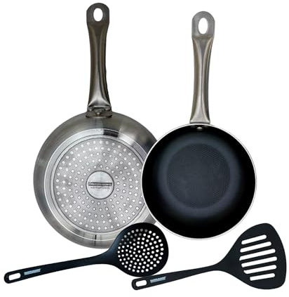 FMprofessional Set de 2 Sartenes Antiadherentes Profesionales de Aluminio 24/28 cm Diámetro, Espátula Ranurada y Espumadera de Plástico RPET 100% Reciclado, Apta para Lavavajillas