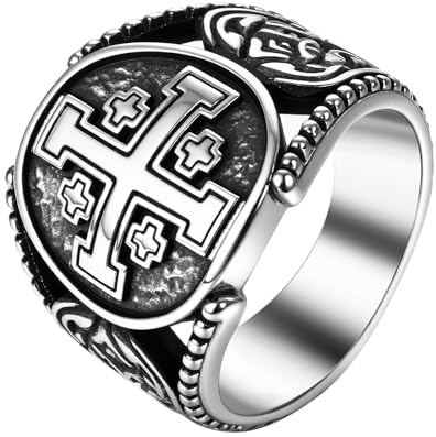 Flonge Men's Jerusalem Cross Ring: Religious Cross Signet Rings Vintage Stainless Steel Statement Ring Christian Amulet Jewelry Gift for Men Size 11