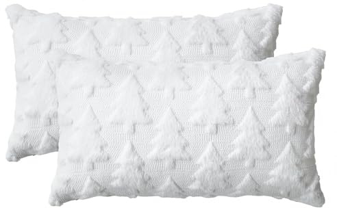 Artoid Mode Juego de 2 fundas de cojín de piel artificial de pino blanco con árboles de Navidad de 30 x 50 cm de felpa de invierno de terciopelo decorativo para dormitorio