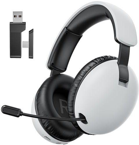OPUTIK Wireless Gaming Headset for PS4 PS5 PC Bluetooth Gaming Headphone with Microphone White Gamer Headset with Mic, 2.4GHz Lossless Audio, USB & Type-C (White Black)