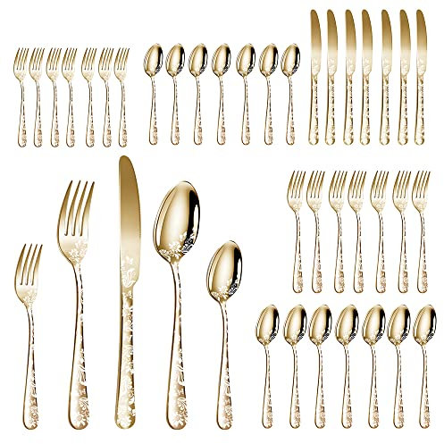 40PCS Stainless Steel Silverware Set, Mirror-Polished Cutlery Set with Beautiful Flower Pattern, for Dining, Parties, Birthdays, Weddings, Includes 8, 8 Forks, 8 Spoons, 8 Tea