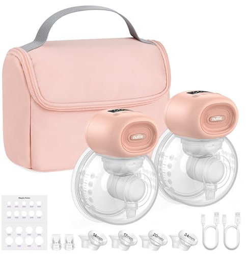 Nuliie Tire Lait Electrique Main Libre avec Sac de Rangement Portable, 4 Modes et 12 Niveaux, Tire Lait Electrique Allaitement avec Bride de 14/17/20/24/27 mm (2 Paquets, Rose)