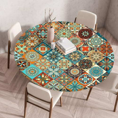 Boho Tischdecke Rund 90cm, Outdoor Gartentischdecke mit Gummizug | Abwaschbar Tischdecke Mandala Farben, für Garten, Balkon, Küche Style 3
