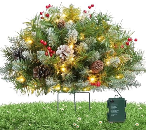 Christmas Planter Inserts Outdoor - Illuminated Holiday Urn Arrangement With Stand Spike, Festive Decor For Porch Steps Garden Beds Pathway Walkway | Winter Lawn Decorations Party Wedding Cemetery Gra