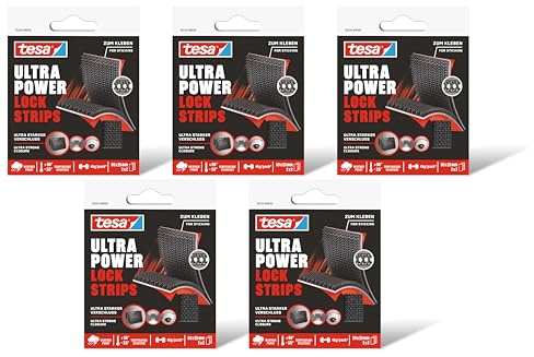 tesa Ultra Power Lock Strips - selbstklebende Klettband-Streifen mit extrem starkem Klettverschluss - wetterfest, UV- und temperaturbeständig - Klebeband für innen- und außen (Schwarz, 5 Packungen)