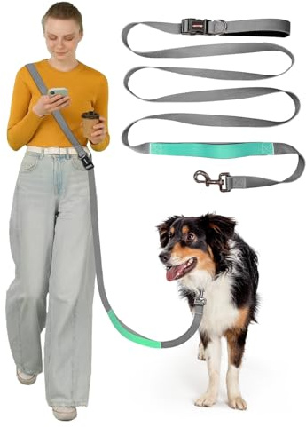 WANFIRE Hands Free Dog Leash, 5.1-8.9Ft Crossbody Long Leash, Waist Dog Belt for Small & Medium Dogs, City Walking & Running Outdoor Hiking &Travel etc. (Grey Green)