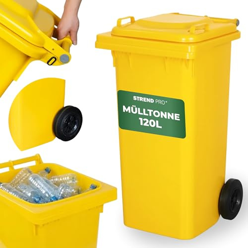 STREND PRO Mülltonne 120L Gelb | Gelbe Tonne für Plastik & Verpackungen | Mülleimer mit Deckel & Rädern | Robuster Dustbin & Oskartonne | Eimer mit deckel