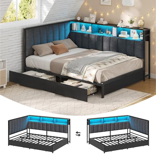 KIMENICH Divano letto imbottito 140 x 200 con illuminazione a LED, stazione di ricarica, testiera imbottita alta, letto per ragazzi con 2 cassetti e rete a doghe in metallo, scaffali aperti, grigio