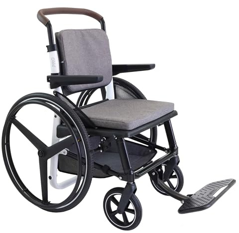 KMINA Rollstuhl selbstfahrend klappbar, leichtes Aluminium, Korb, Weiß | Hinterräder 60 cm mit Antriebsring, Feststellbremse, Verstellbarer Lenker, Gepolsterter Sitz, Modell Pro