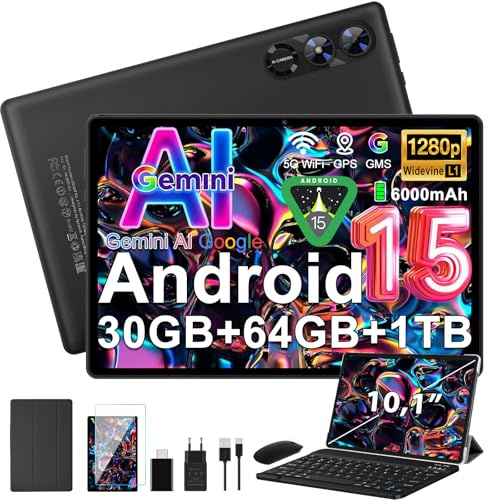 fezawio Tablet 10,1 Zoll Android 15 Gemini AI 30GB RAM +64GB ROM,Schwarz | Tablet mit Maus, Tastatur und Schutzhülle, Octa-Core,6000mAh, WiFi6, Widevine L1, GMS, 3,5mm Audio, GPS, Face ID