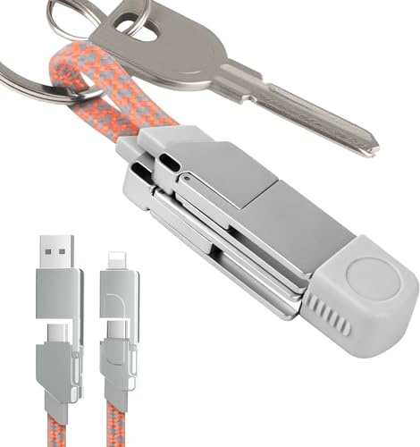 AHRLIC 4-in-1 USB Charging Cable Keychain – Zinc Alloy, Multi-Adapter Charger Cord for USB, Type-C, Micro USB, iOS Port Devices – 60W Fast Charging, Magnetic Stretchable Travel Cable (Orange Gray)