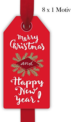 8 rote Retro Vintage Weihnachts Geschenkanhänger farbig, Papieranhänger Hängeetiketten für Weihnachten: Merry Christmas and Happy New Year • kleine Geschenk Grusskarten zum verschenken