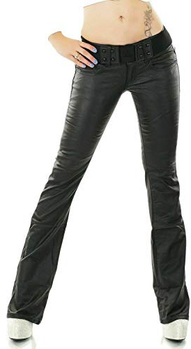 Noir Triple XXX Women's Wet Look Faux Leather Boot Cut Trousers Jeans Black Belt incl UK 6-14