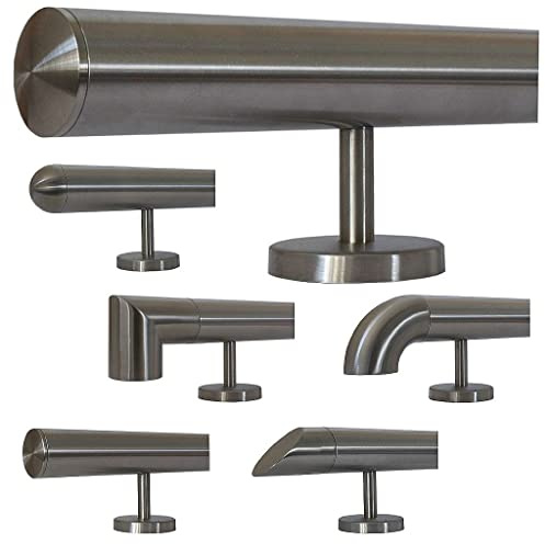 TIBU Edelstahl Handlauf 30-600cm Wandhandlauf 33,7 mm Treppengeländer mit geraden Edelstahlhalter - Länge 140 cm und Ende leicht gewölbte Kappe