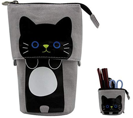 Hillento Telescopic Pencil Bags, Pencil Stand Holder, Telescopic Cat Pencil Case Canvas Pen Organizer Stationery Pouch Bag, Small Cosmetics Bag with Zipper, Grey