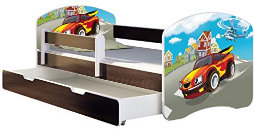 ACMA Kinderbett 160x80 Jugendbett mit Einer Schublade und Matratze, Farbe Wenge, Rausfallschutz Lattenrost II Spielbett Kinderzimmer Möbel, 03 Racing Car