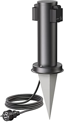 ledscom.de Columna de Enchufe de jardín PORU con Espiga de Tierra y 2m de Cable para el Exterior, Doble, Acero Inoxidable, Negro, Redondo, 27cm