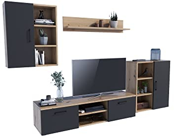 MATKAM Wohnwand Dedal, Schrankwand Wohnzimmer Modern, Wohnzimmerschrank mit Fernsehtisch Komplett Möbel (Artisan Eiche-Schwarz)