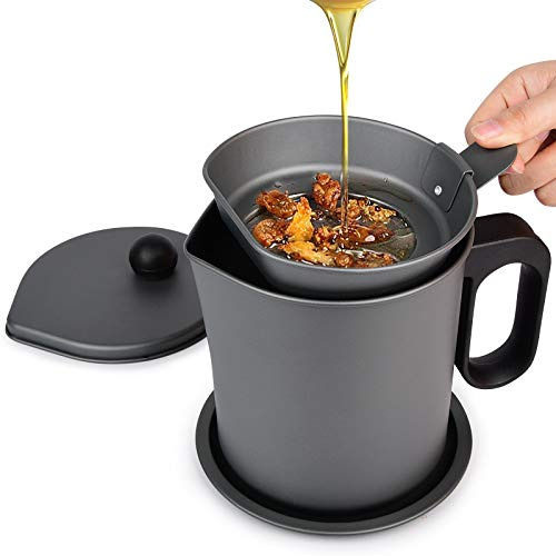 MORDEN MS Bacon Grease Container, 1.7L/57oZ Bacon Grease Saver with Strainer, Grease Container for Kitchen - Iron Cooking Oil Can with Removable a Coaster Tray for Kitchen Fat Storage(Gray)
