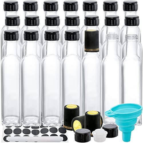 Kingrol Paquete de 18 botellas Quadra de 8.5 onzas con tapas de rosca a prueba de fugas, botellas de salsa picante, botellas cuadradas de vidrio para aceite, vinagre, jarabe, aderezo para ensaladas