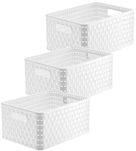 Rotho Country Aufbewahrungsboxen 3er-Set 14 L Rattanoptik stapelbar Weiß | Boxen Aufbewahrung, Storage Boxes, 3er-Set mit 14 L je Behälter, Rattan-Optik, Griffe, modular, stapelbar, pflegeleicht, Weiß