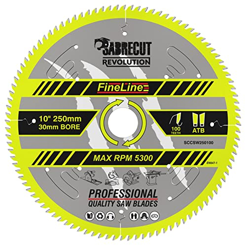 1 x SCCSW250100 SabreCut 250mm 100T x 30mm Bohrung FineLine dünne Schnittfuge für Holz Sperrholz MDF Spanplatten Quer- und Längsschnitt-Kreissägeblatt kompatibel mit Dewalt Makita und vielen anderen