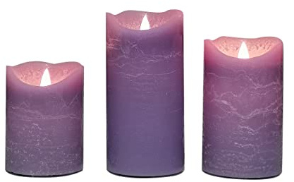 CANDLE CHOICE Battery Operated Flameless Candles with Timer Real Wax Realistic Flickering Electric LED Pillars Automatic Built-in Daily Cycle 6-hour on 18-hour off 3 PCS Rustic Texture Lavender Purple