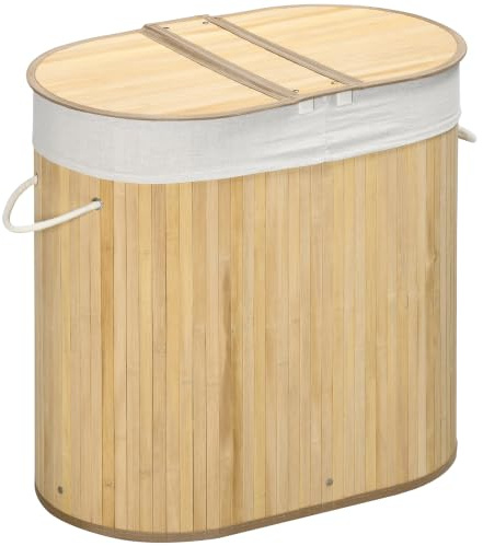 HOMCOM Bamboo Laundry Basket with Lid 100 Litres 62.5 x 37 x 60.5cm Natural | Laundry Hamper with 2 Sections, Double Compartment, Removable Washable Lining, Washing Baskets
