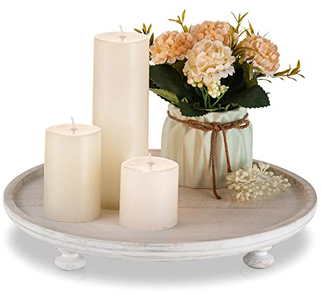 Hanobe Tablett mit Füßen Dekoteller Rund: Deko Holztablett Weiß Gewaschen Rustikal Rundes Serviertablett Holz mit Fuß Vintage Shabby Weiss für Kerzen Küche Badezimmer Tisch