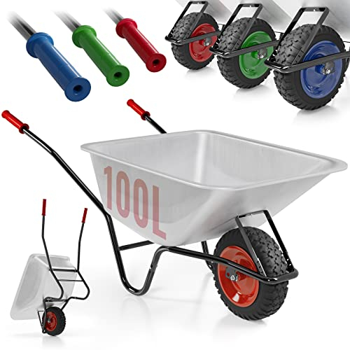 TIMBERTECH® Schubkarre - Verzinkt, mit Luftreifen, Kippfunktion, Mulde 100 Liter, bis 210 kg, für Garten, Transport, Farbwahl, Stabil - Bauschubkarre, Schiebkarre, Gartenschubkarre, Gartenkarre (Rot)
