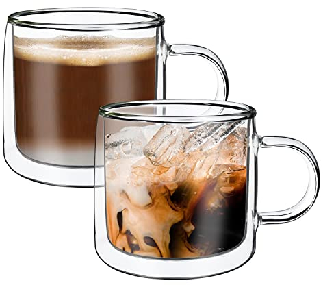 Vinsani COPA Double Walled Coffee Drink Glasses Tea Cup Mug 260ml Set of 2 Heat Cold Resistant Aesthetic Clear Borosilicate Glass with Handle Cappuccino Latte Tea Dessert Hot and Cold Drinks