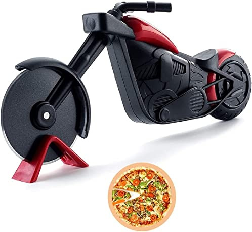 Voarge Cortador de pizza para motocicleta, rodillo de pizza de acero inoxidable, cortador de pizza con rueda de sastre afilada y soporte para regalos creativos de Navidad