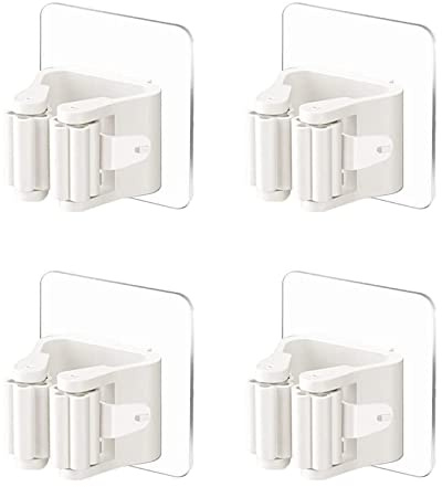 Rifrpha 4 Piezas Colgador de Pared Adhesivo de Escobas y Fregonas, Soporte Ajustable de Plástico, Organizador para Baños y Cocinas (Blanco)
