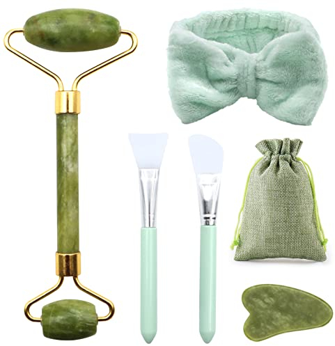 SPOKKI 5 Pièces Gua Sha Kit, Rouleau De Jade Pour Le Visage, Rouleau De Massage Visage, Pierre De Jade Visage, Gasha Visage Pierre Jade, Masseur Visage Ensemble, Cou Facial Et Relaxation Musculaire
