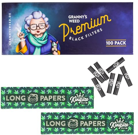 Granny's® Slim Aktivkohlefilter Set 100 Stück + 2 Long Papers Bocklets | Ø 5,9 mm Filter | 108 x 45 mm King Size Papers | Schwarz