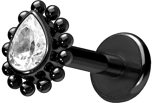 PIERCINGLINE Titan Labret mit Push Fit KRISTALLTROPFEN + KUGELN Piercing Ohr Helix Conch Tragus Schwarz 1,2x6 mm