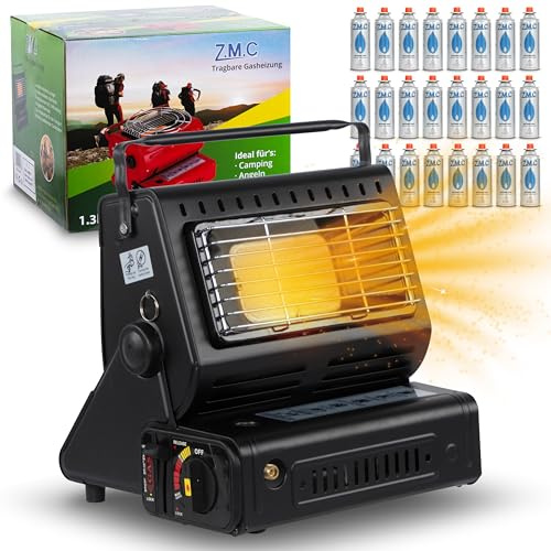 Z.M.C 2-in-1 Tragbare Keramik Gasheizung und Gaskocher 1,3 kW, mit LPG Anschluss + 24 Gaskartuschen, Campingkocher mit Piezozündung, Camping Heizung, Gasheizer für Indoor, Outdoor, Zelten, Camping