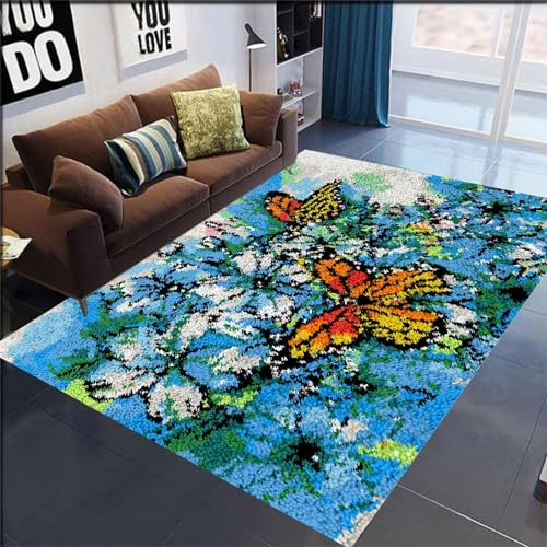 AMBATTERY DIY Knüpfhaken Set Blumen Und Schmetterlinge Verriegelungshaken-Kit Buntes DIY-Verriegelungshaken-Kit Selbstverriegelungs-Kit für Kinder und Erwachsene 23x35in