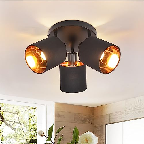 Glitzerlife Deckenstrahler 3 Flammig Deckenlampe Schwarz - Rund Deckenspot E14 Vintage Flurlampe Schwenkbar 350° Deckenleuchte Stoffschirm MAX.25W für Schlafzimmer Küche Hotel (ohne Leuchtmittel)