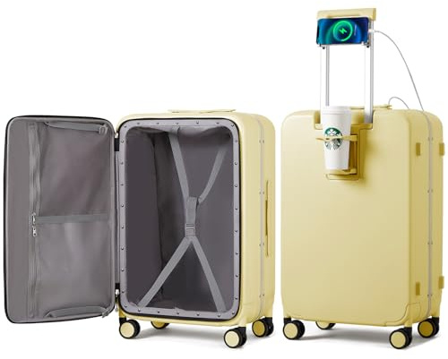 mixi Checked Luggage with Cup Phone Holder and Charger Hard Shell Suitcases with Spinner Wheels, 24 Inch Lark Yellow