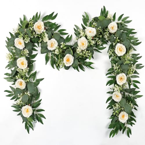 Artificial Flower Garland 2PCS Faux White Rose Garland 6.5Ft Long Artificial Flower Vines for Decorations Hanging Rose Vines for Wedding Arch Party Wall Table Outdoor Indoor Decor