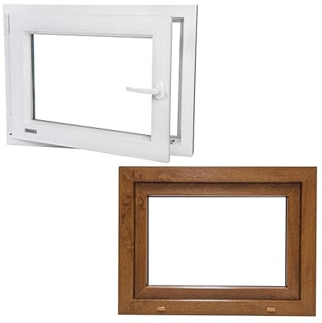 Fenster auf VEKO Premium Qualität Kunststoff/Garagen/Keller/Hallen/Gartenhaus PVC Hochwertiges Dreh Kipp 2-Fach Verglasung Innen Weiss Außen Goldene Eiche 65x130cm 650x1300mm DIN Links He