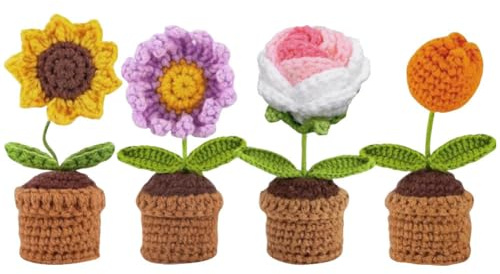 YANGSHINE Set mit 4 handgefertigten Mini-Kunstblumen im Topf gehäkelt - Sonnenblume - Margerite - Tulpe - Für Zuhause, Büro, Auto - Farbe #10