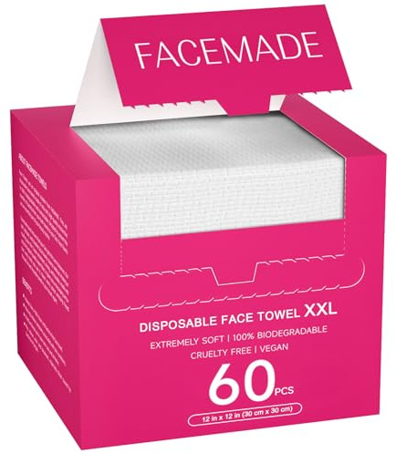 Face Towels XXL, 60 Count 12 × 12 Disposable Face Towel, Clean Facial Towels for Makeup Remove and Clean Skin, USDA Certified 100% Biobased Face Wipes, Super Soft and Thick