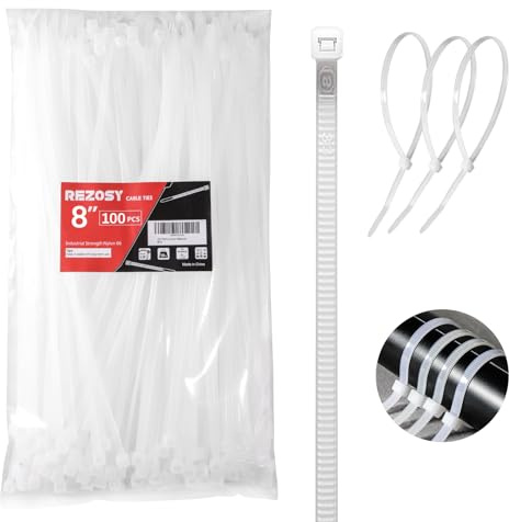 REZOSY White Zip Ties 8 Inch 100 Pack Clear Tensile Strength 40 lbs UV Resistant Industrial Cable Ties Self Locking Zipties Wire Ties Wrap Indoor Outdoor Use for Fence Garage Camping