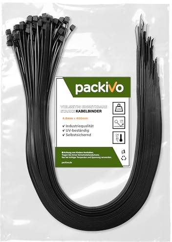 PACKIVO Professional Cable Ties 4.8 x 400 mm, Pack of 100 Black Cable Ties, Industrial Quality, UV-Resistant, Tensile Strength up to 22 kg, Super Durable Cable Management, Industrial, Workshops,