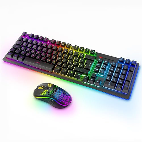 MOOJAY Wireless Keyboard and Mouse RGB Backlit Combo, Rechargeable 2.4G Light Up Cordless Gaming Keyboard with Ergonomic Wireless Wired Dual Mode Mice Set, for PC/Laptop/Windows/Mac - Black