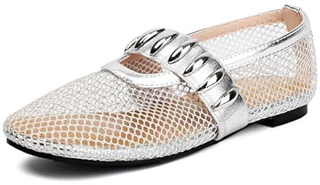 CRETUAO Bailarinas de Malla para Mujer, Bailarinas Mary Jane con Hebilla de Rejilla Transpirable, Zapatos de Vestir Casuales y cómodos y sexys,Plata,43.5 EU